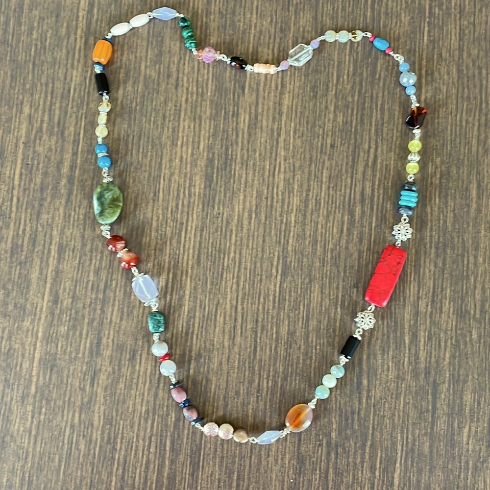 HAND CRAFTED EXTRA LONG MULTICOLORED BOHO JEWELED STATEMENT NECKLACE Approx. 34” - Picture 4 of 10